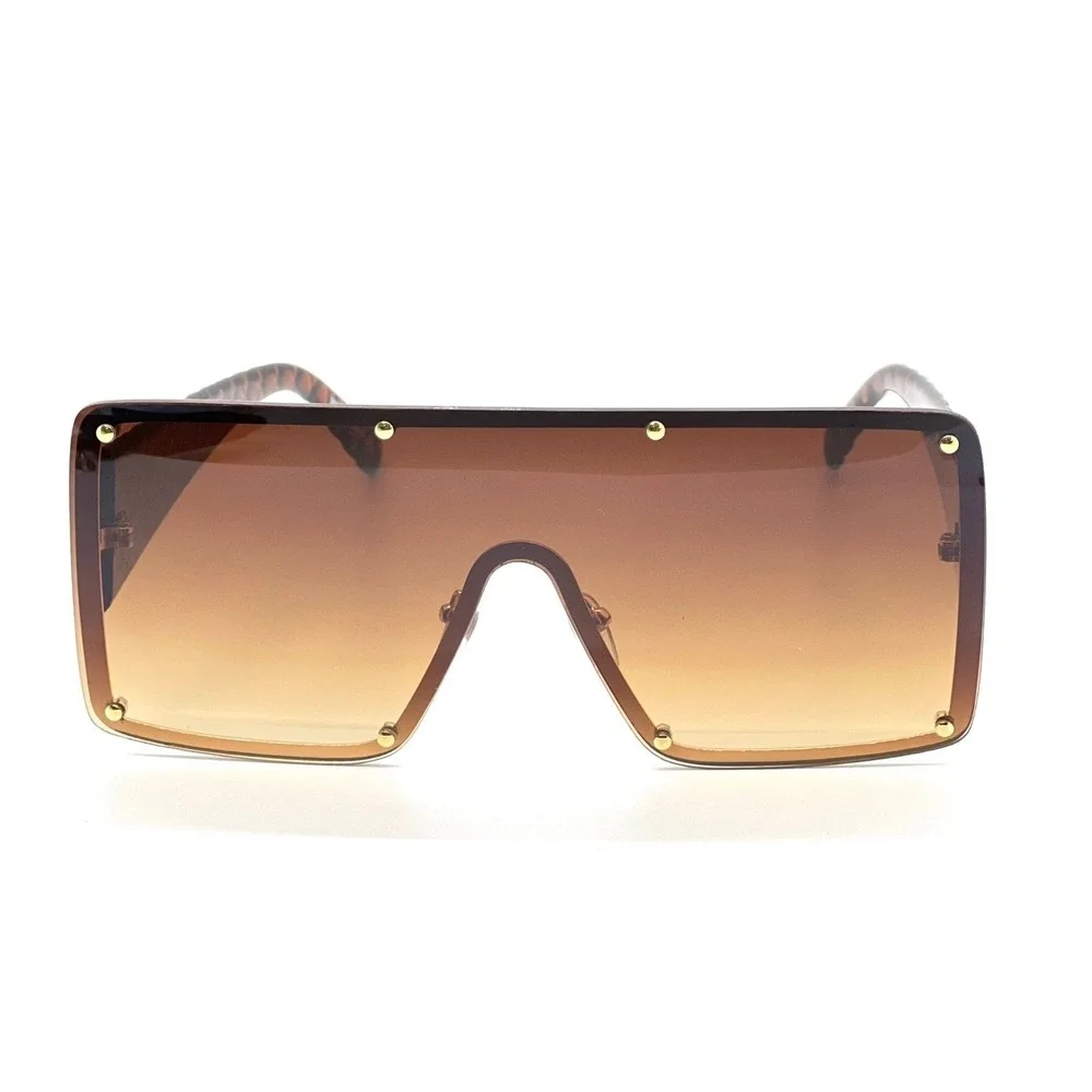 Shield Sunglasses Men Oversized Flat Top Rivet Detail‎ Brown Fashion Luxury